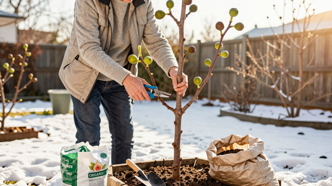 Pessoa podando galho de árvore jovem em vaso, neve no chão e ferramentas de jardinagem ao redor.