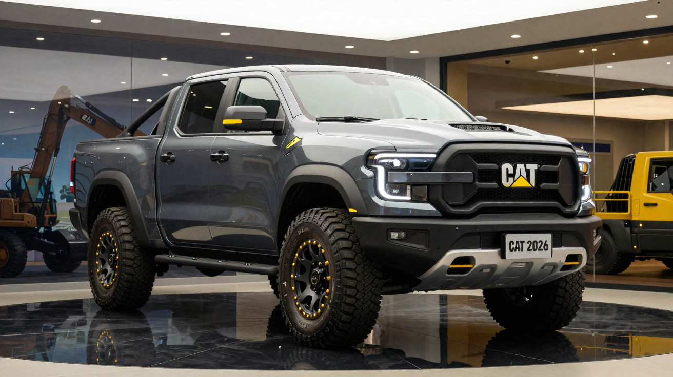 Picape CAT 2026 cinza com pneus robustos exposta em showroom moderno.
