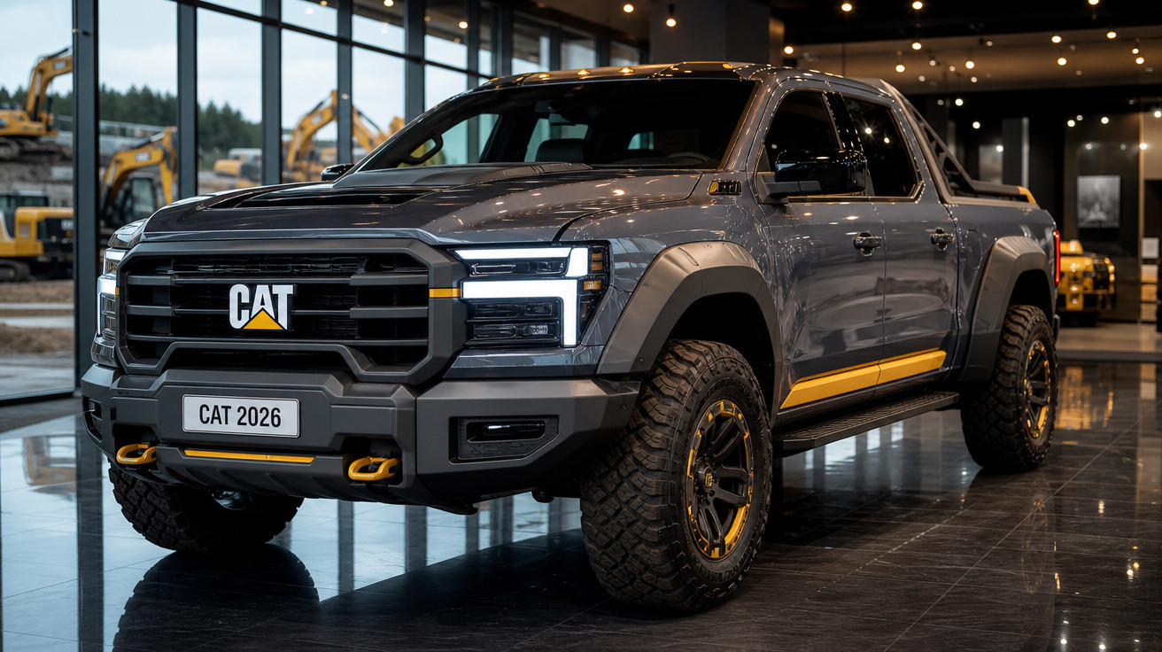Picape robusta cinza CAT 2026 exibida em showroom com iluminação moderna e pneus off-road grandes.