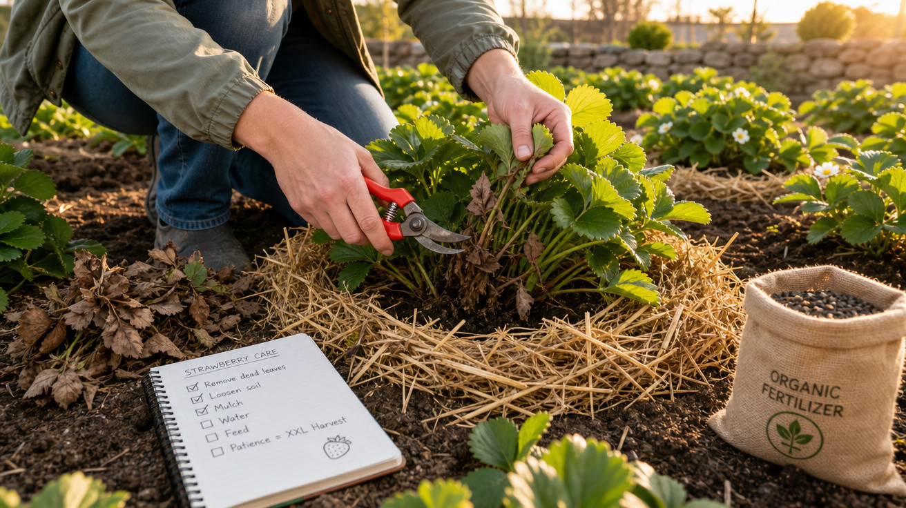 Pessoa usando tesoura para cuidar de planta de morango em jardim com saco de fertilizante orgânico ao lado.