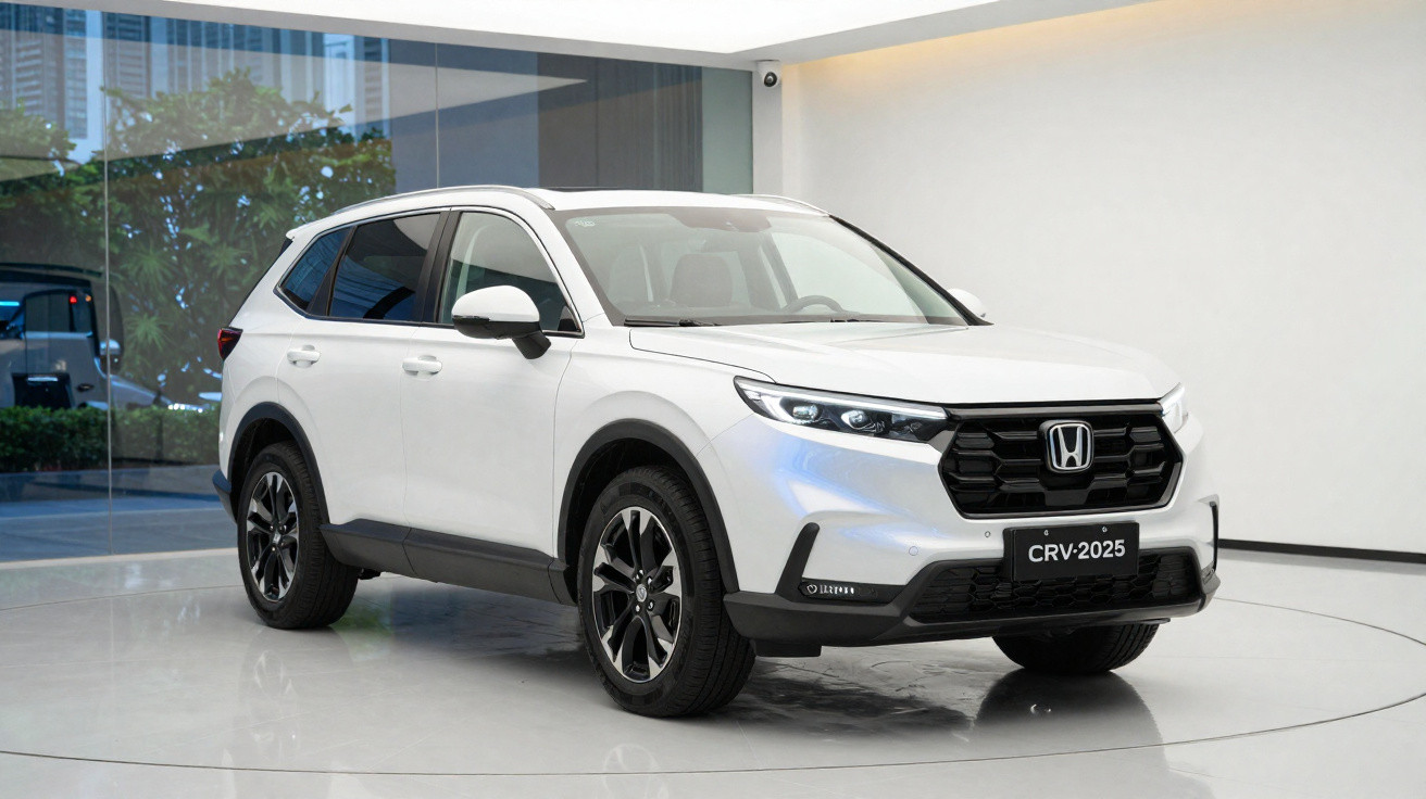 Carro SUV branco Honda CR-V 2025 em ambiente interno, com rodas pretas e detalhes modernos no design.