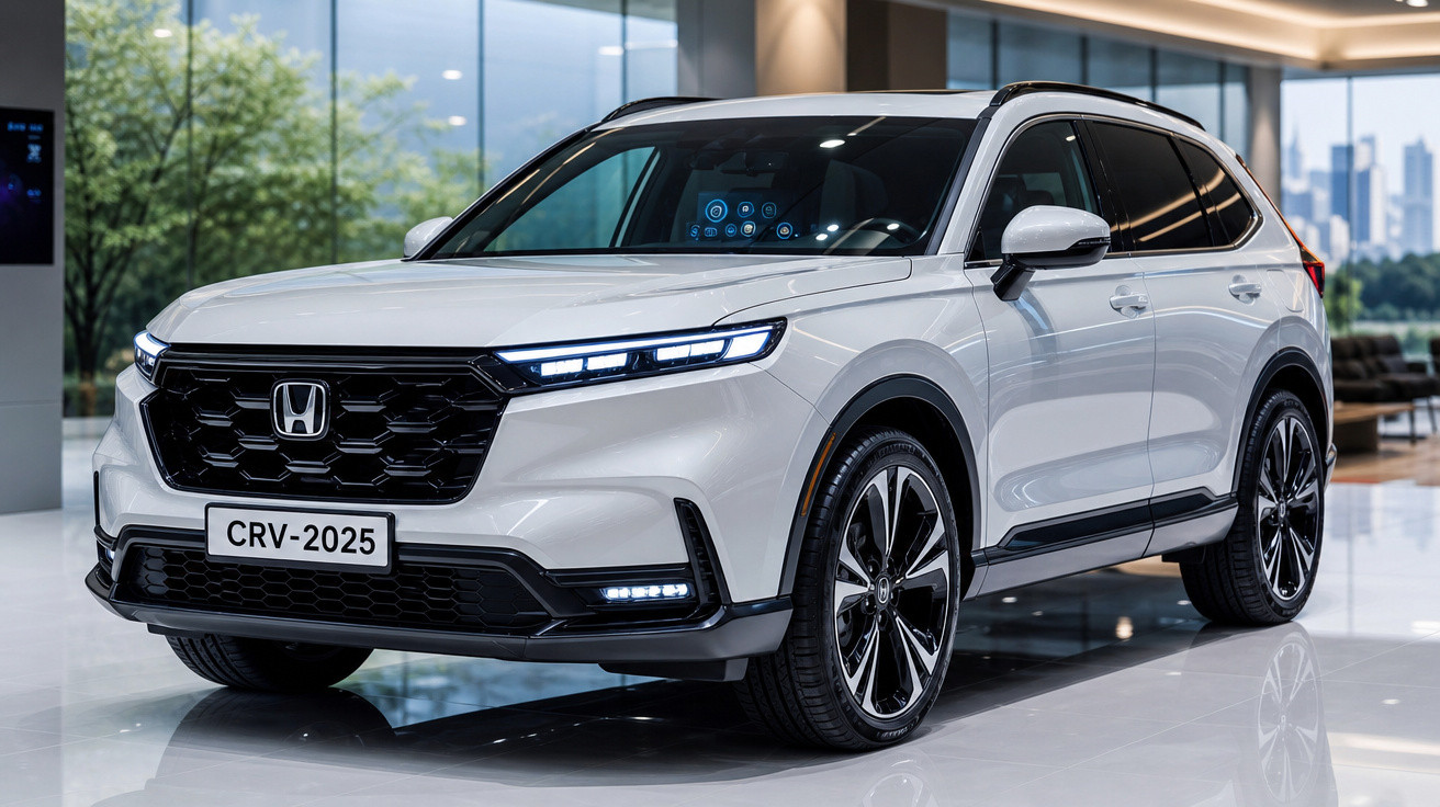 SUV branco Honda CR-V 2025 em exibição em ambiente interno moderno com janelas de vidro grandes.