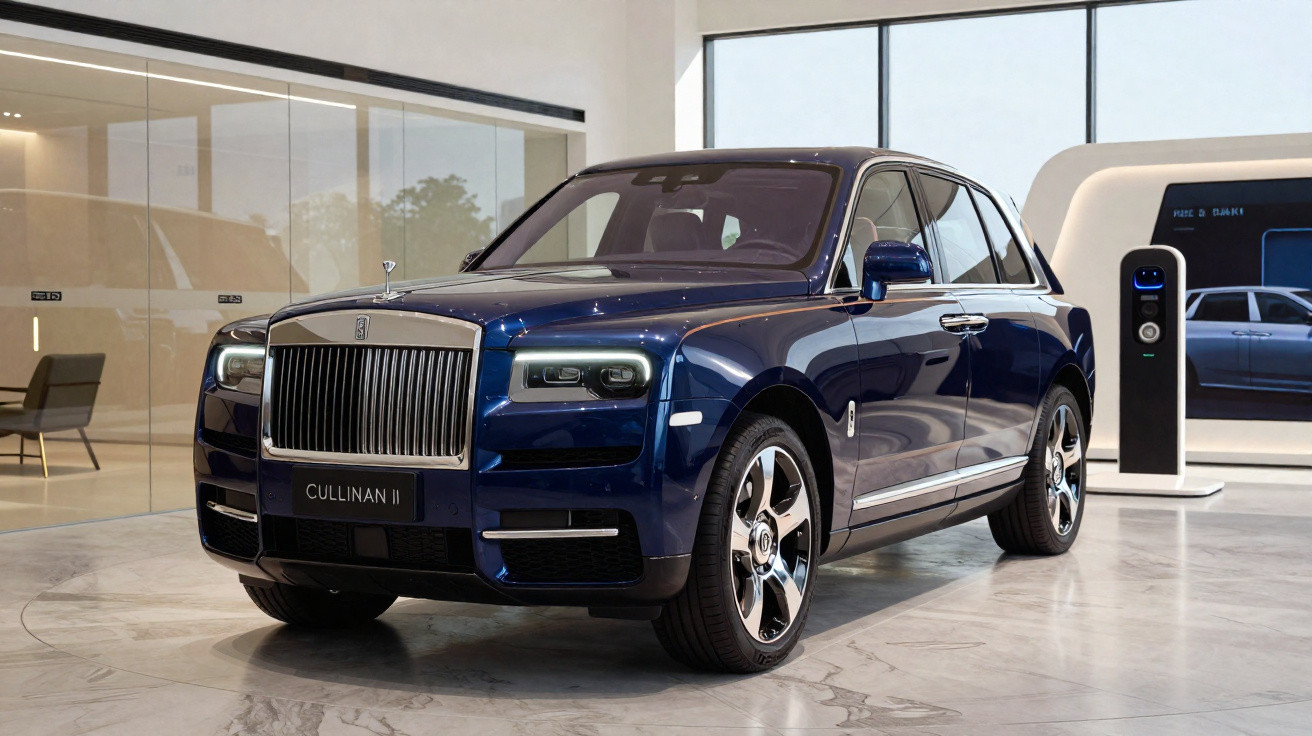 Carro de luxo Rolls-Royce Cullinan II azul estacionado em showroom moderno com piso de mármore.
