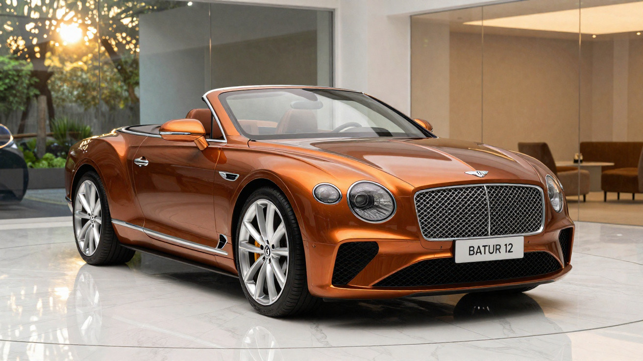Carro conversível esportivo laranja metálico Bentley Batur 12 estacionado em ambiente moderno interno.