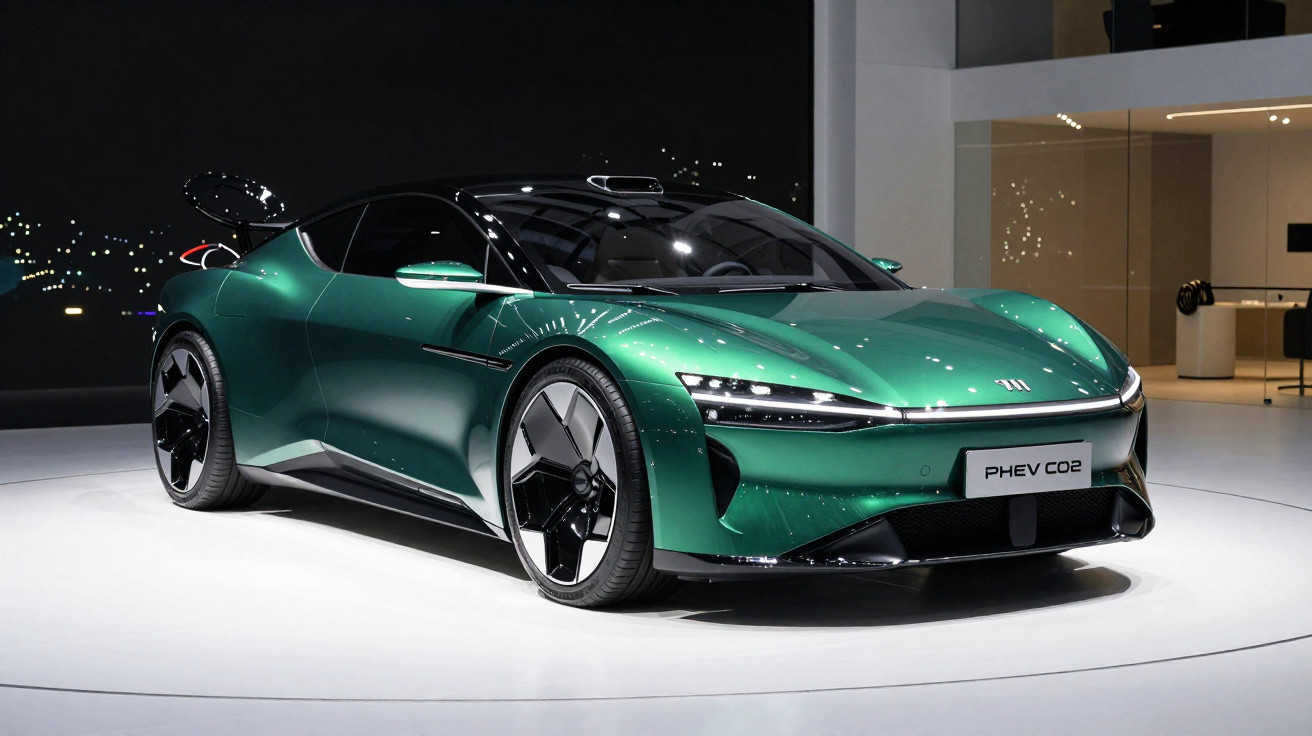 Carro esportivo elétrico verde metálico exposição em ambiente interno iluminado.