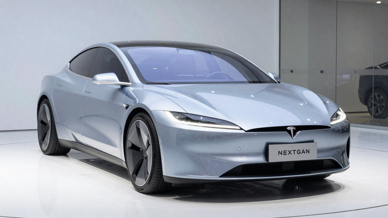 Carro elétrico Tesla NextGen cinza prateado exposto em ambiente interno com iluminação clara.