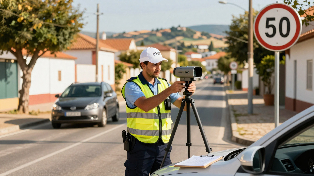Agente de trânsito com colete amarelo usando radar para monitorar velocidade na rua com limite de 50 km/h.