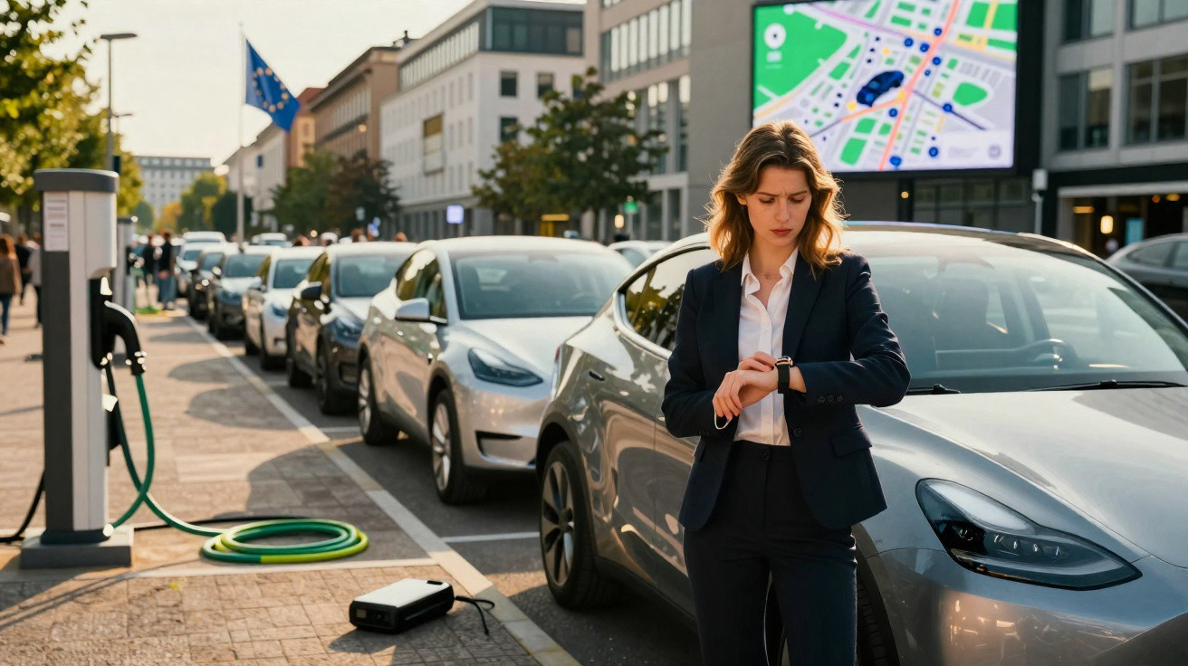 Mulher de terno olhando relógio perto de carros elétricos carregando em fila na rua da cidade.