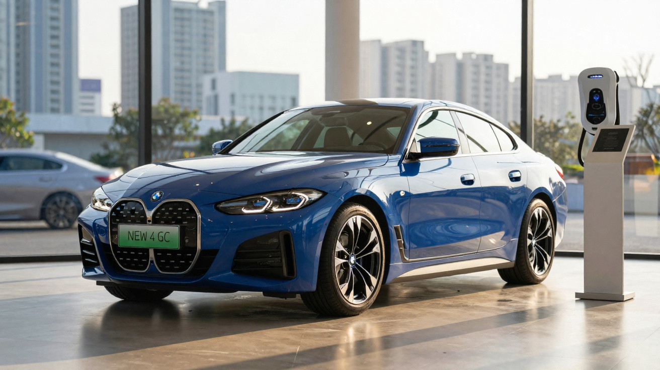 Carro elétrico BMW azul estacionado ao lado de carregador em ambiente interno moderno.