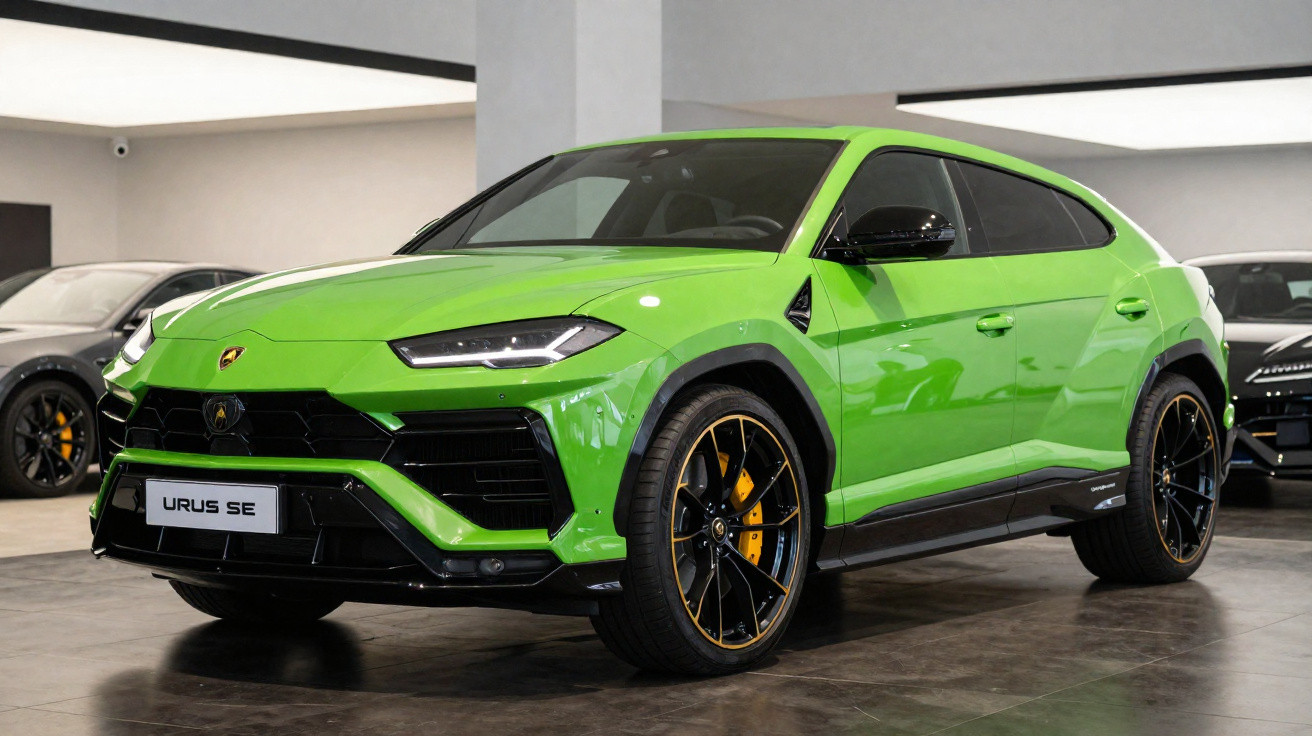 SUV Lamborghini Urus SE verde com detalhes em preto e rodas esportivas exposto em showroom.