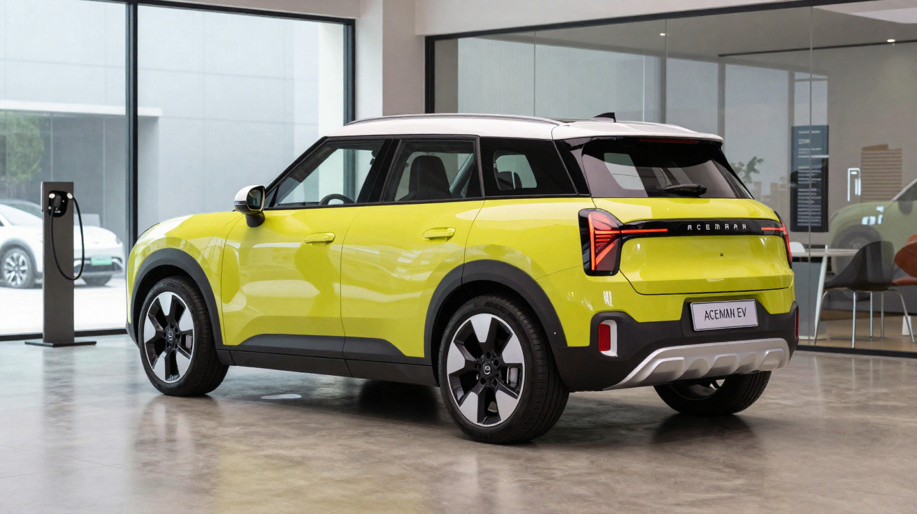 Carro elétrico amarelo com teto branco estacionado em showroom moderno com parede de vidro.