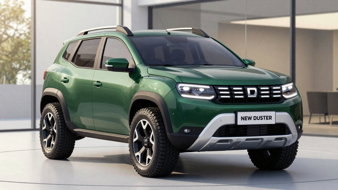 SUV verde New Duster estacionado em ambiente interno moderno e iluminado.