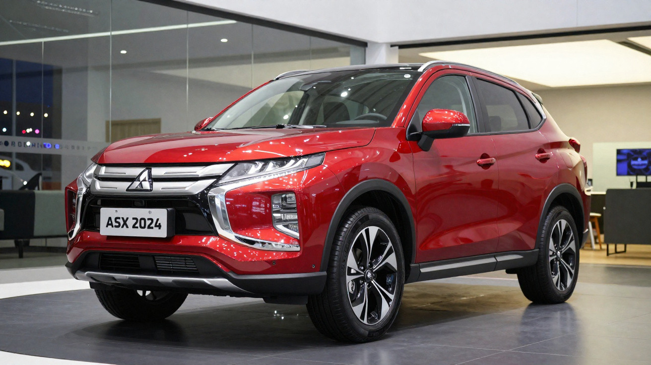 SUV Mitsubishi ASX 2024 vermelho exibido em ambiente interno, com design moderno e rodas esportivas.