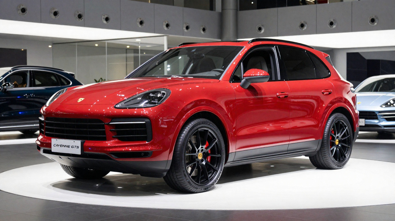 Carro esportivo vermelho Porsche Cayenne GTS exibido em plataforma branca dentro de showroom moderno.