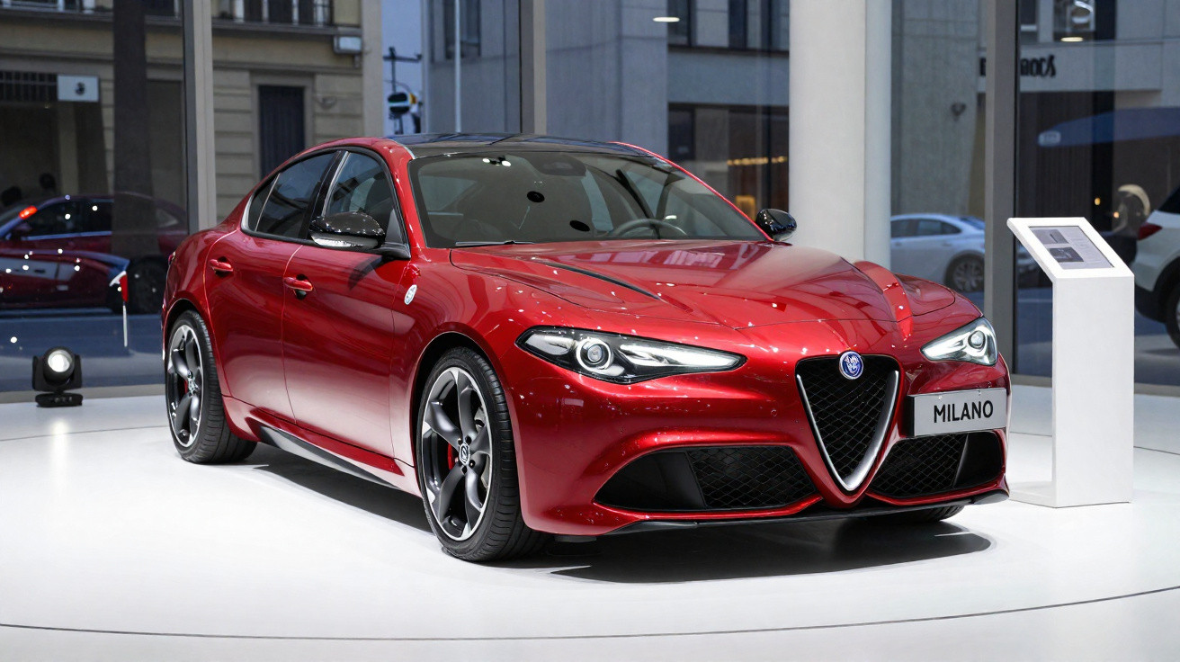 Carro esportivo sedã Alfa Romeo vermelho exibido em ambiente interno, com placa "Milano".