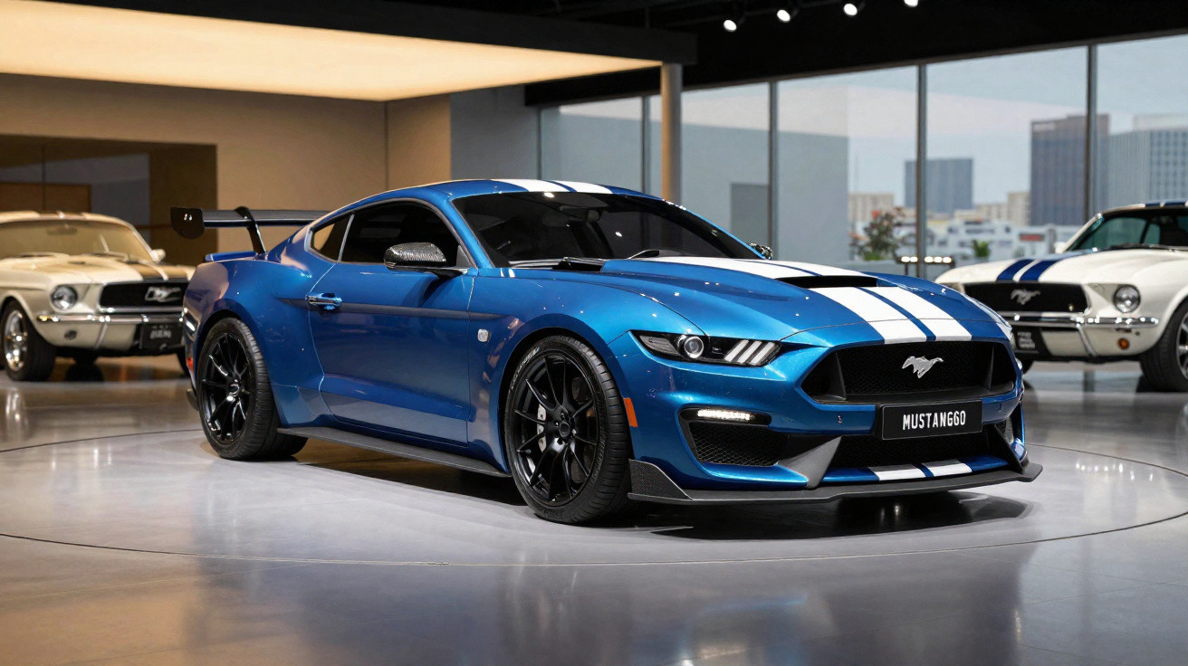 Carro esportivo Ford Mustang azul com faixas brancas exposto em salão com luz natural e outros Mustangs ao fundo.