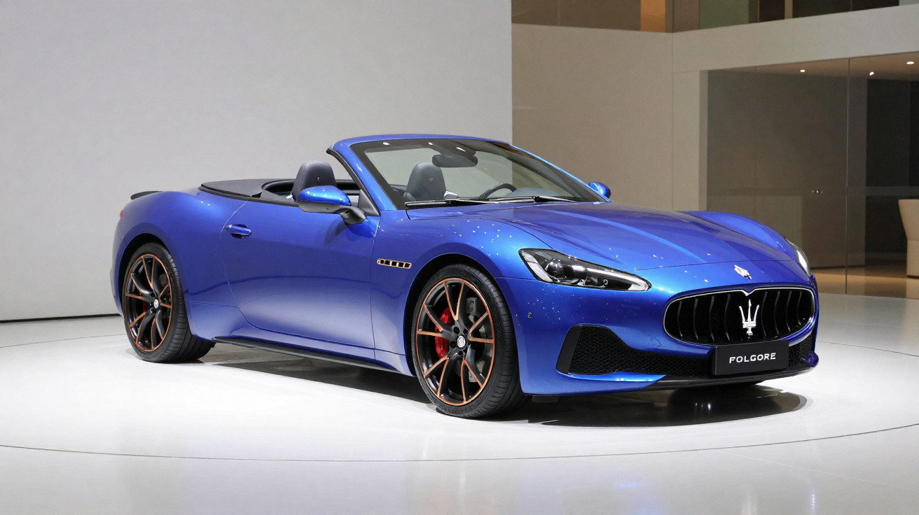Carro esportivo conversível azul Maserati Folgore exibido em palco branco com rodas pretas e detalhes vermelhos.