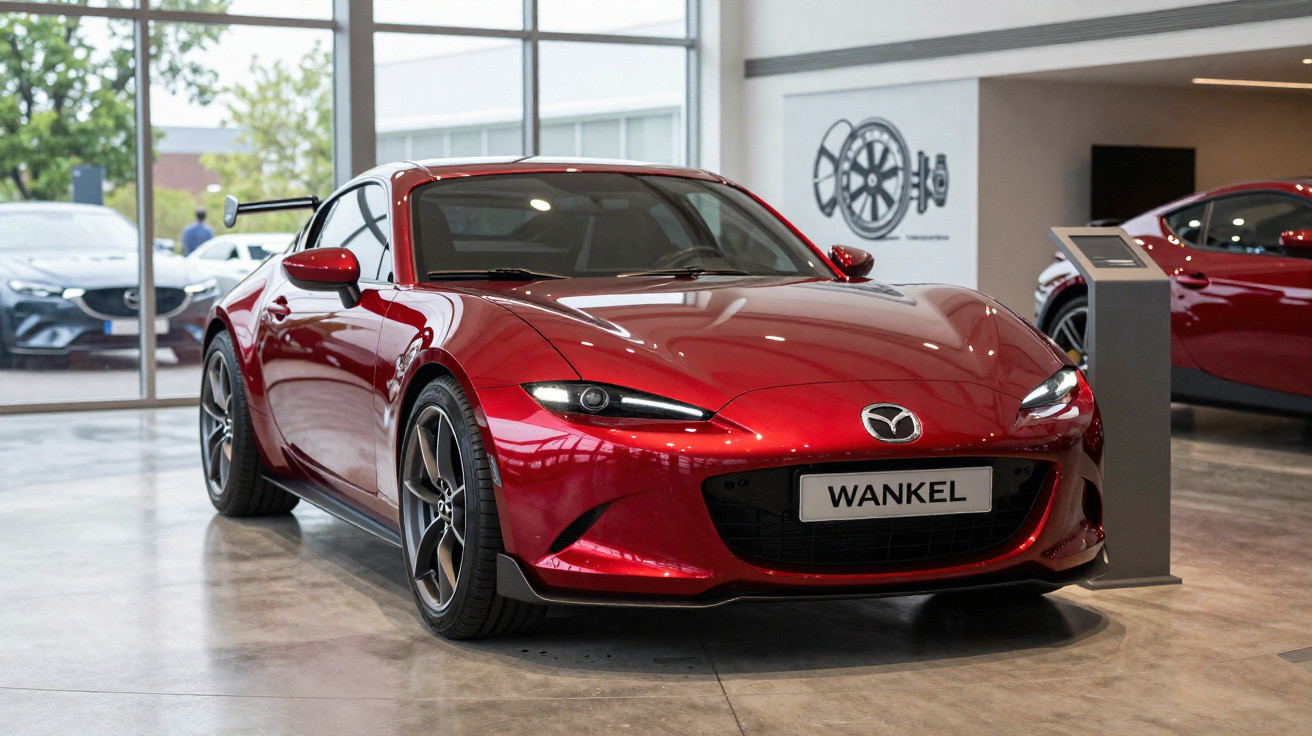 Carro esportivo vermelho Mazda Wankel exposto em showroom moderno com piso de concreto.