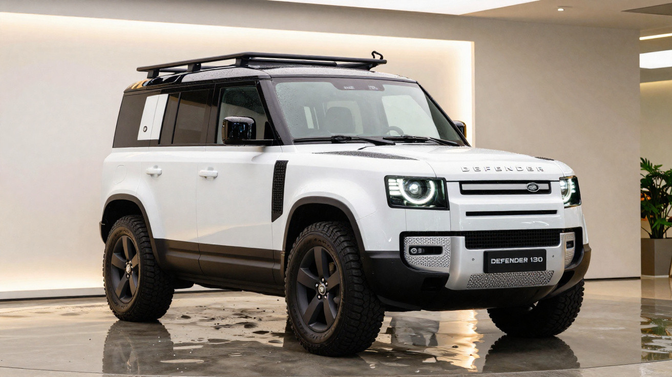 SUV Land Rover Defender 130 branco com teto preto e rodas pretas em ambiente interno moderno