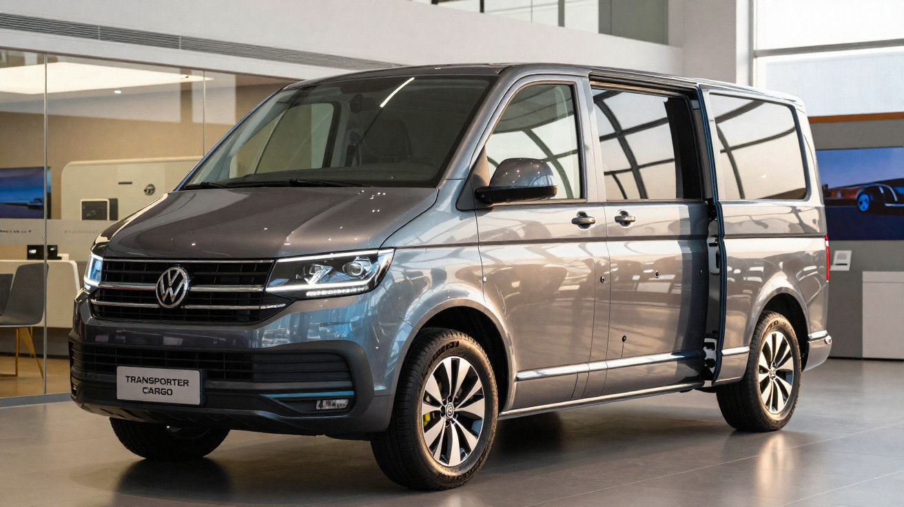 Van Volkswagen Transporter Cargo cinza estacionada em showroom com porta lateral aberta.