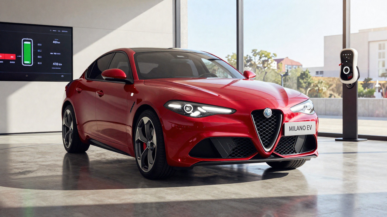 Carro elétrico Alfa Romeo Milan EVO vermelho em exposição moderna com carregador e painel digital.