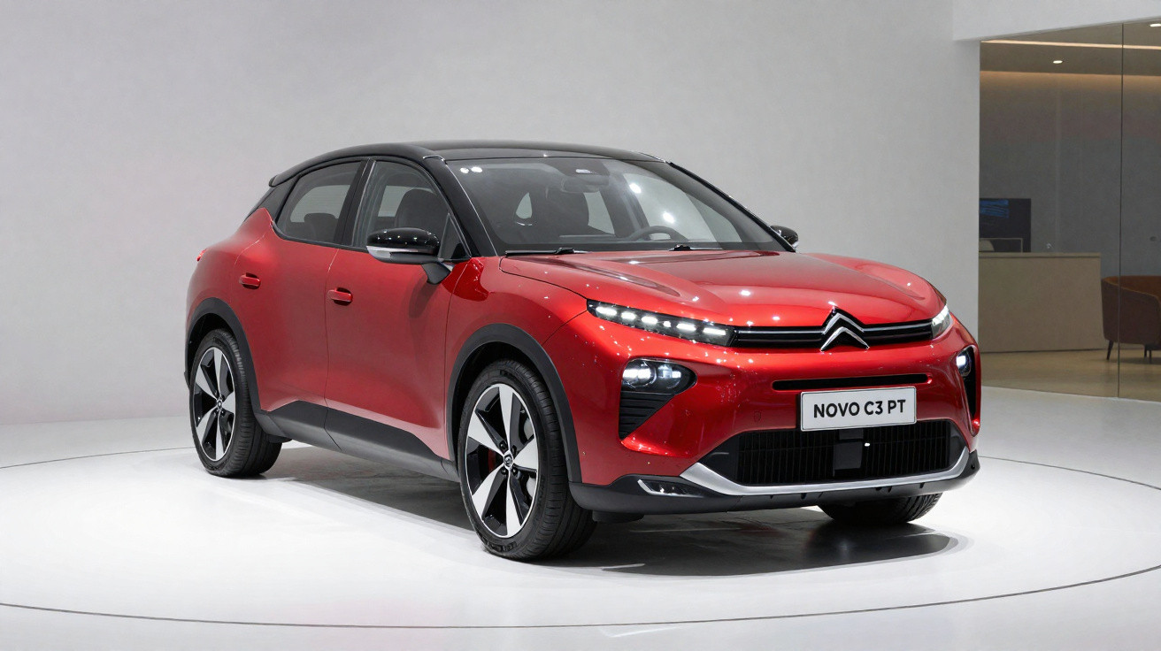 Carro Citroën Novo C3 PT vermelho com teto preto exibido em ambiente interno moderno e iluminado.