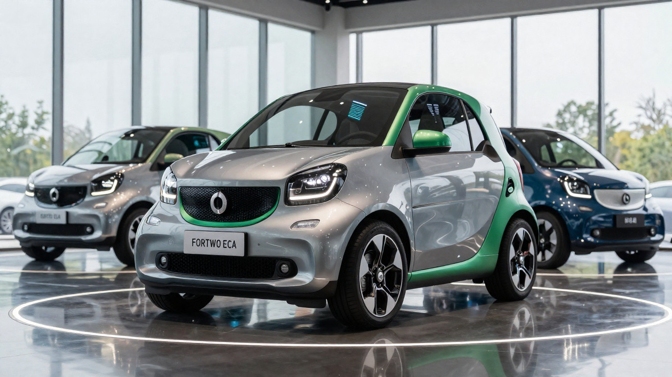Carros elétricos compactos coloridos exibidos em showroom moderno com grandes janelas de vidro.