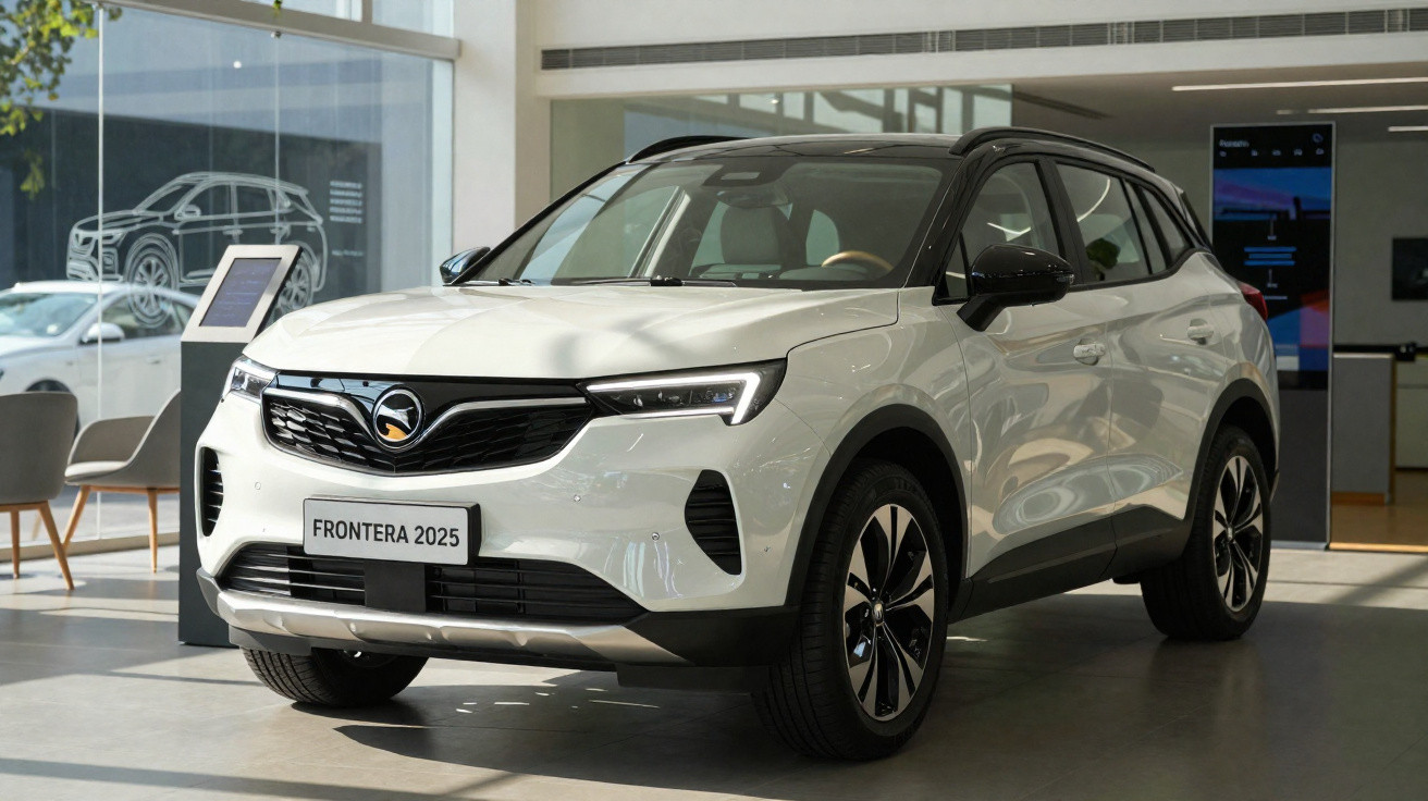 Carro SUV branco modelo Frontera 2025 exibido em showroom moderno e iluminado.