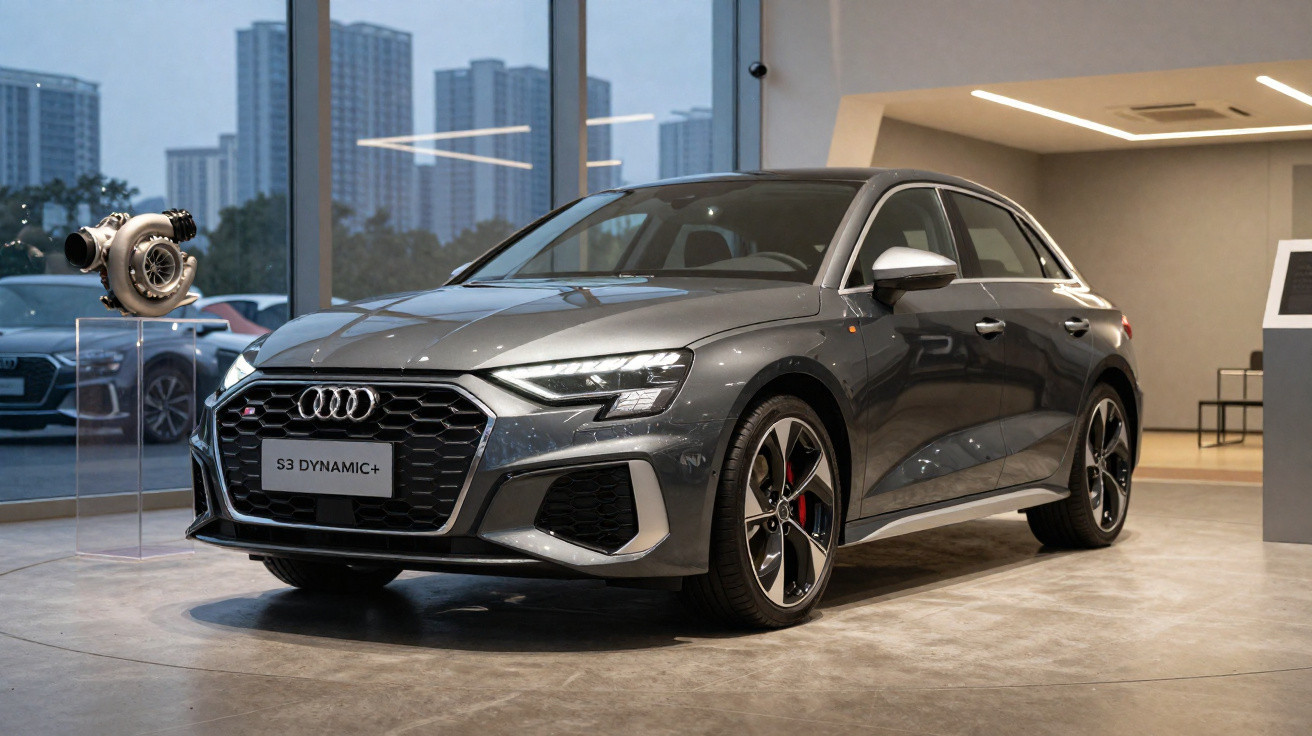 Carro Audi S3 Dynamic+ cinza estacionado em showroom com turbina exposta ao lado.