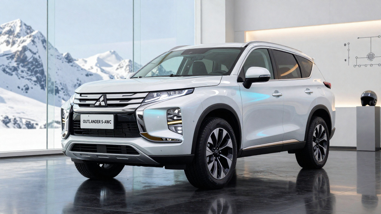 Carro SUV branco Mitsubishi Outlander S-AWC em ambiente interno com parede de vidro e montanhas nevadas ao fundo.