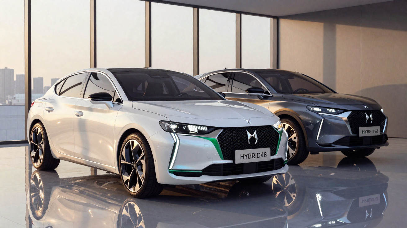 Dois carros híbridos DS automáticos estacionados em showroom moderno com janelas amplas e piso brilhante.