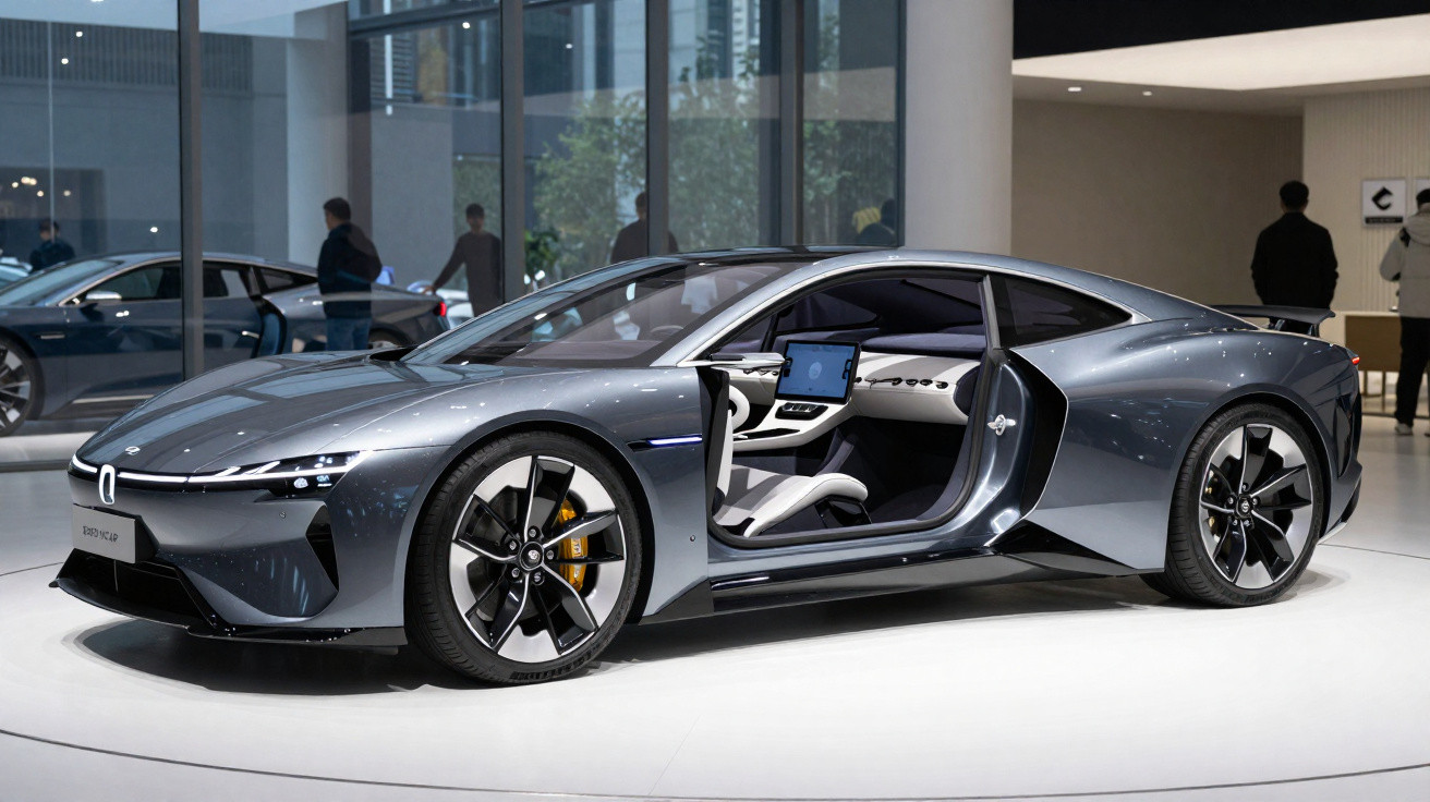 Carro esportivo cinza com porta dianteira aberta exibindo interior moderno em exposição.