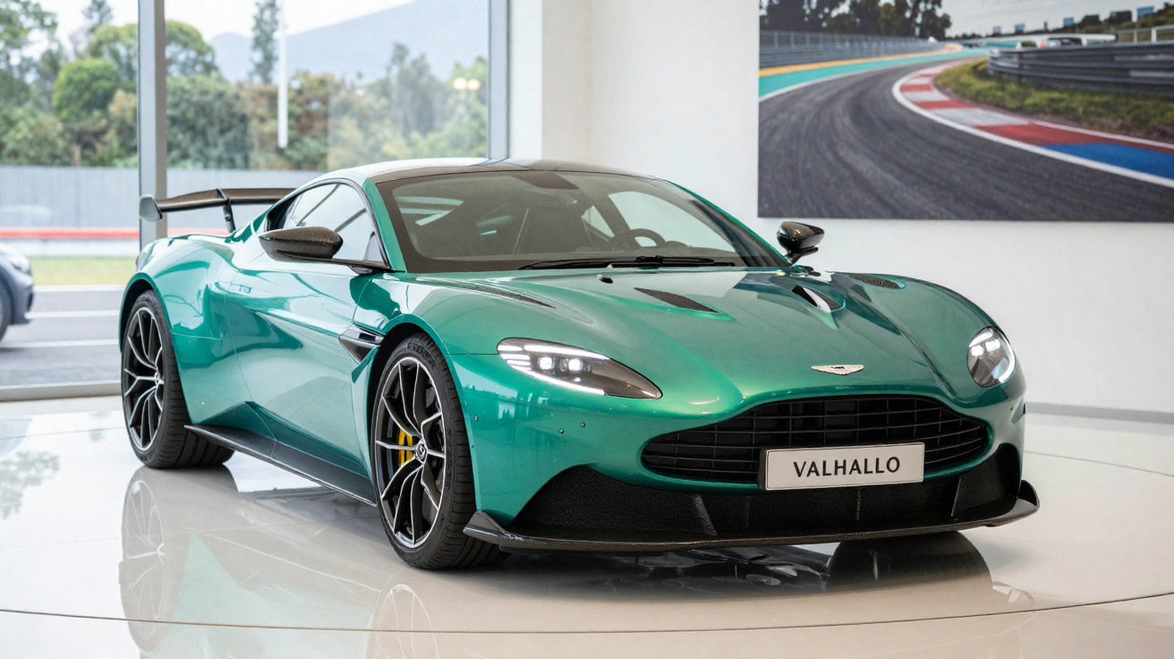 Carro esportivo Aston Martin Valhallo verde em exposição em um ambiente interno moderno.