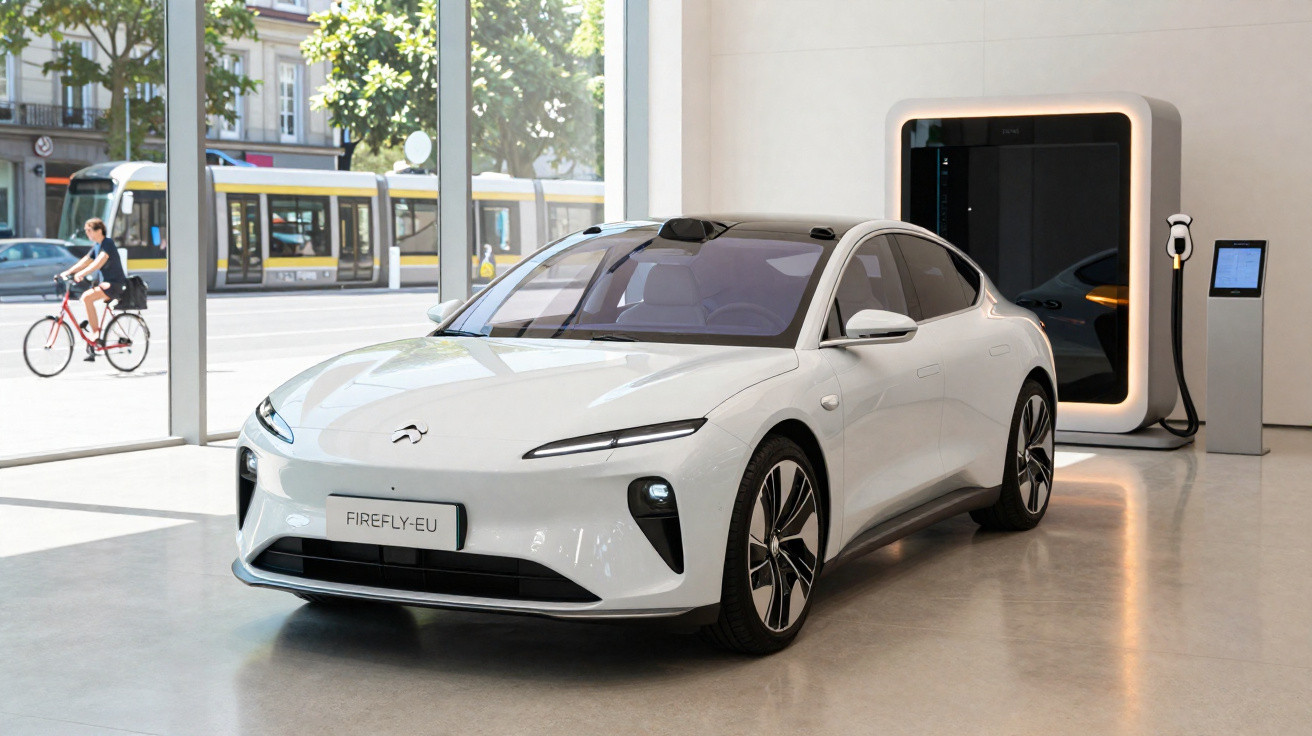 Carro elétrico branco estacionado em área interna com estação de carregamento ao fundo e janela com vista urbana.