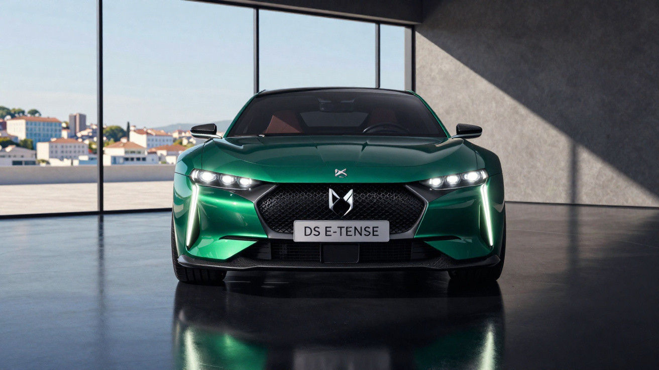 Carro esportivo verde DS E-TENSE visto de frente em ambiente interno com janelas amplas.