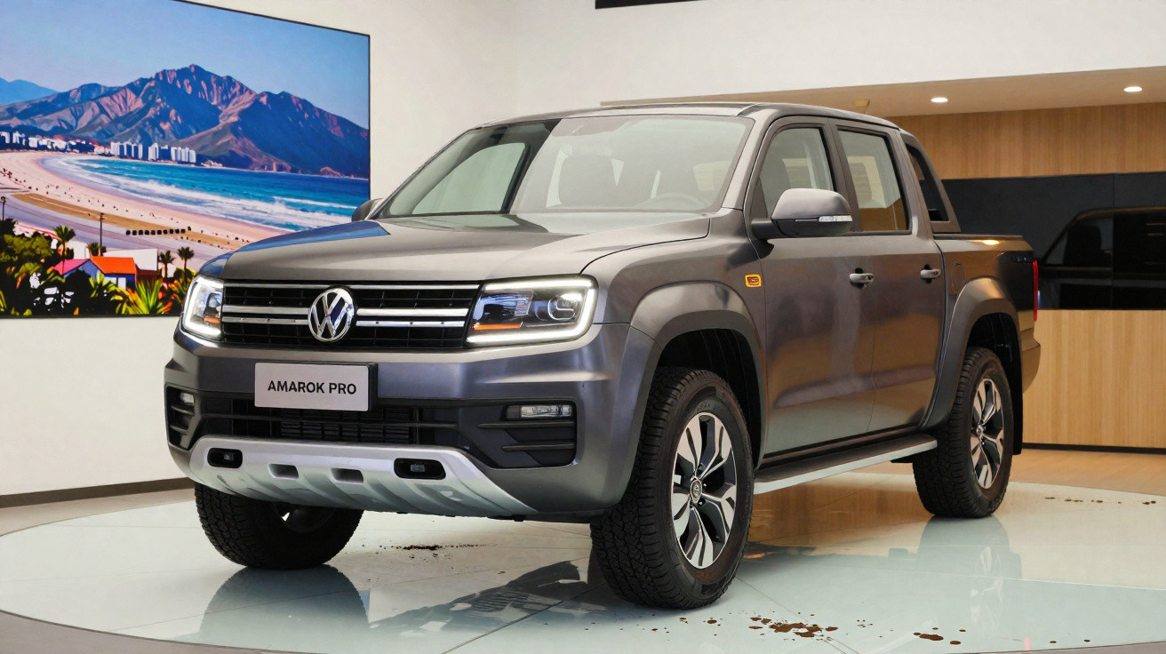 Picape Volkswagen Amarok Pro cinza exposta em showroom com quadro montanhas ao fundo.