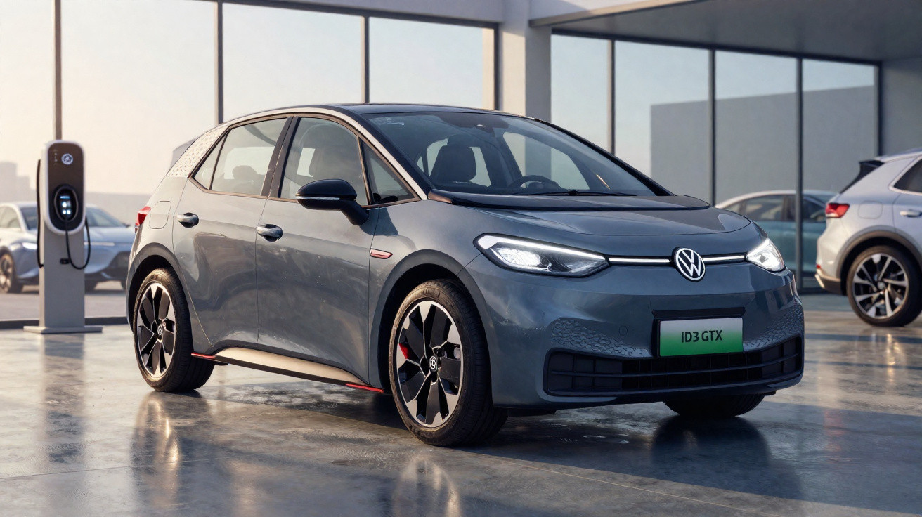 Carro elétrico Volkswagen ID.3 GTX cinza estacionado próximo a estação de recarga em garagem iluminada.