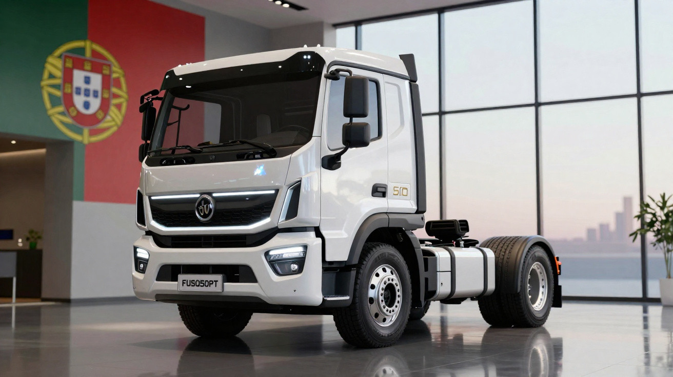 Caminhão branco modelo FUSO 50PT em showroom iluminado com bandeira de Portugal ao fundo.