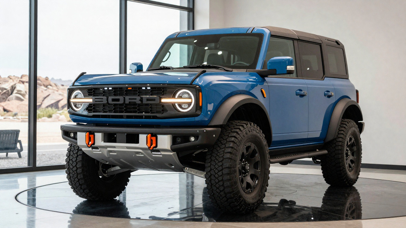 SUV azul Ford Bronco estacionado em área interna com piso de vidro e grandes janelas.