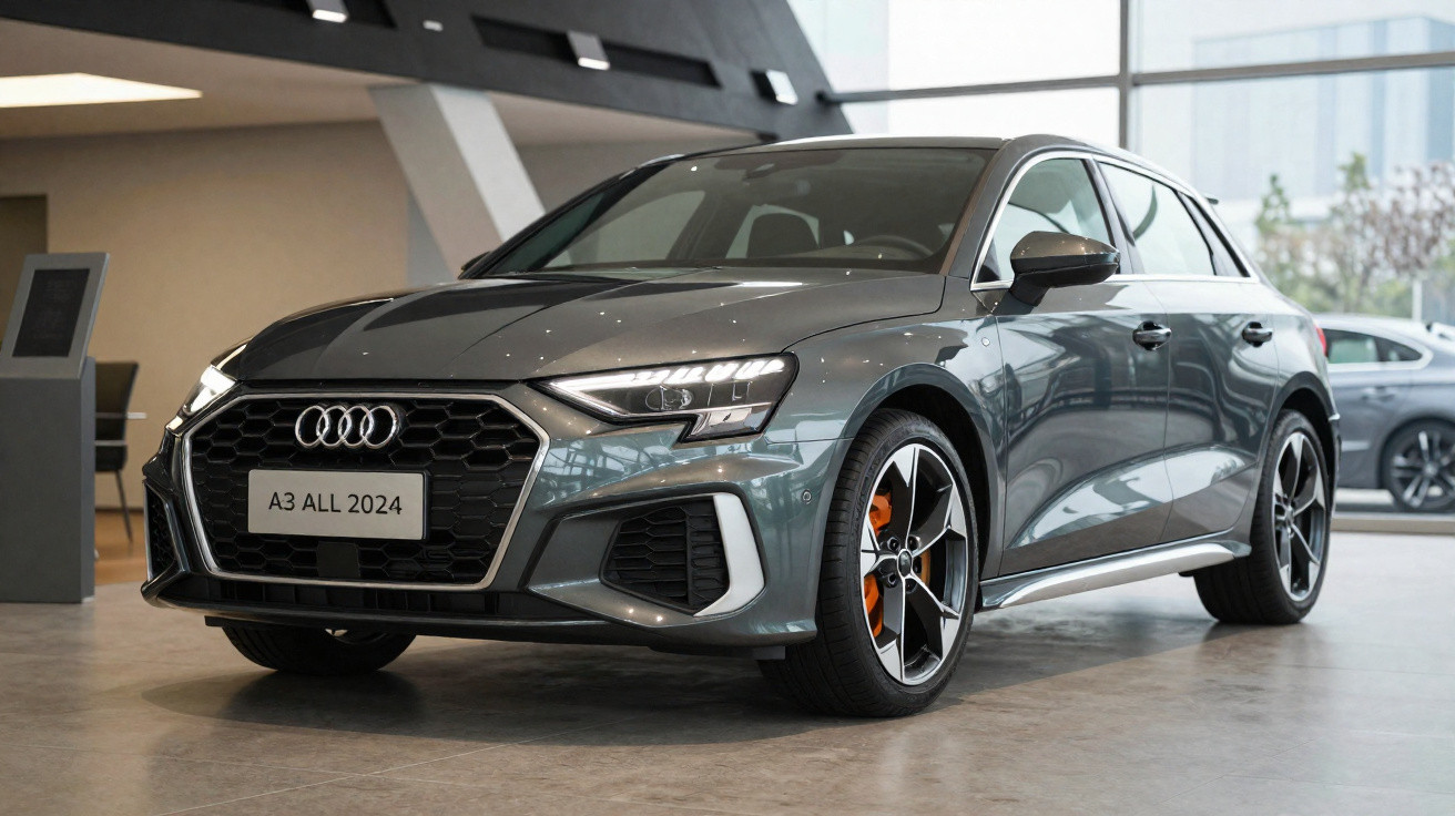 Audi A3 2024 cinza exibido em showroom moderno com rodas esportivas e luzes acesas.