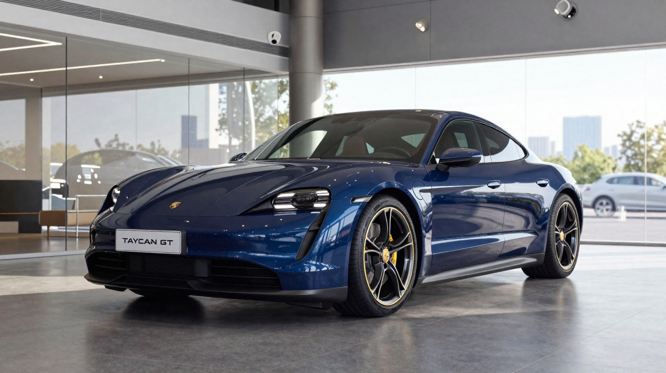 Carro esportivo Porsche Taycan GT azul exibido em salão moderno com piso cinza e paredes de vidro.