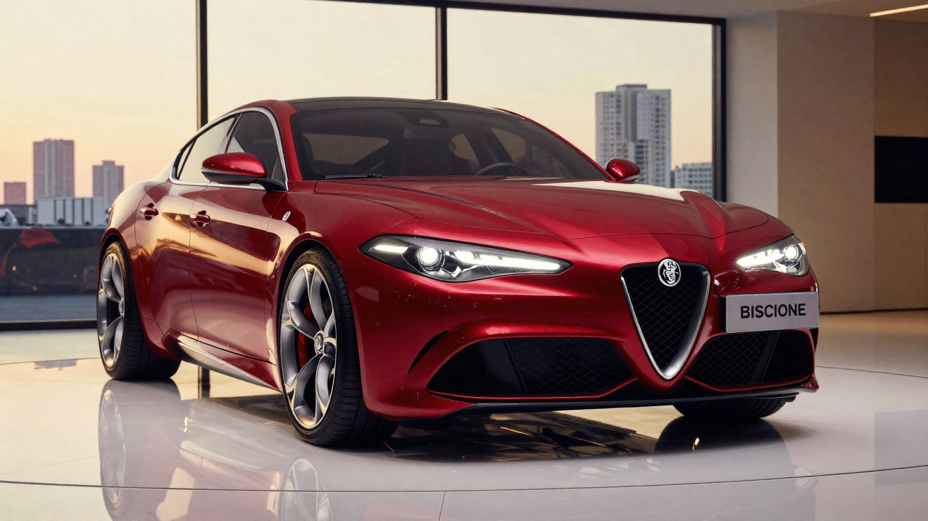 Carro esportivo vermelho Alfa Romeo Bicione exposto em ambiente interno com janelas grandes e prédios ao fundo.