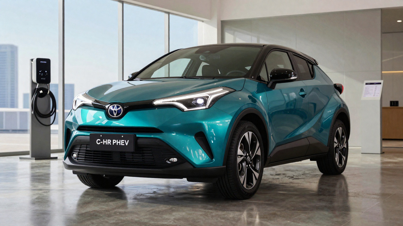 Carro Toyota C-HR PHEV azul estacionado em ambiente interno com carregador elétrico ao lado.