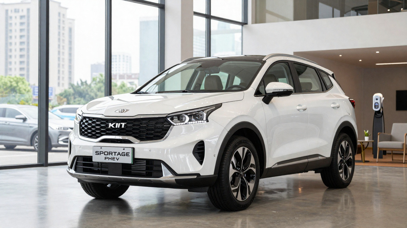 Carro branco SUV Kia Sportage PHEV estacionado dentro de showroom moderno e iluminado.