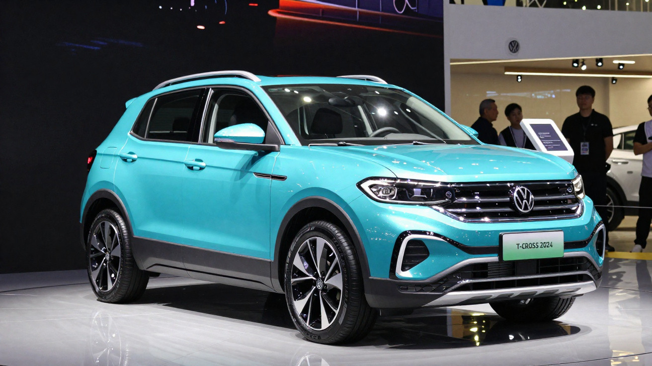 Volkswagen T-Cross 2024 azul exibido em evento de automóveis, vista frontal lateral direita.