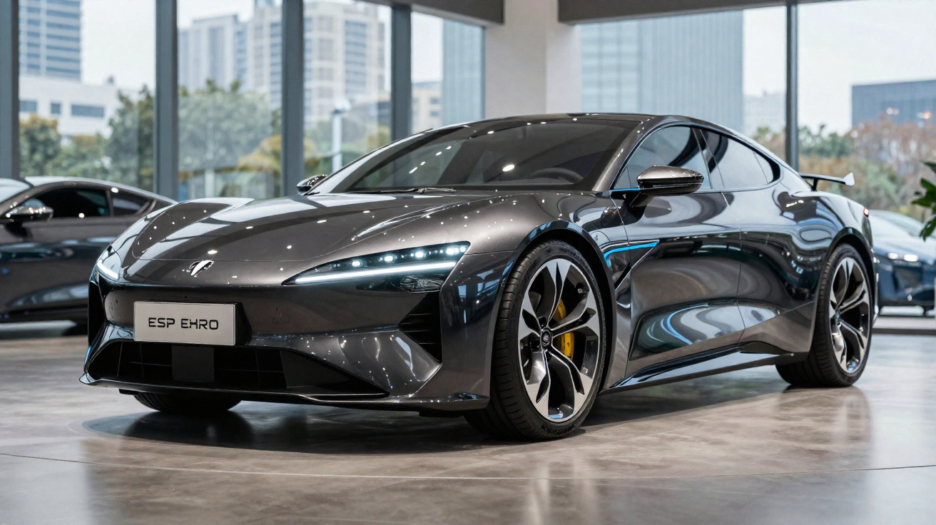 Carro elétrico esportivo cinza escuro em showroom com acabamento aerodinâmico e rodas grandes.