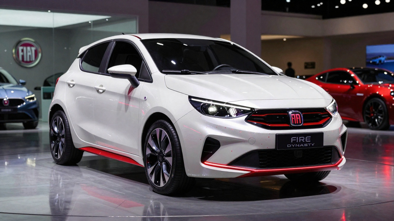 Carro branco Fiat Fire Dynasty em exposição, com detalhes vermelhos e rodas esportivas, mostrando frente e lateral direita.