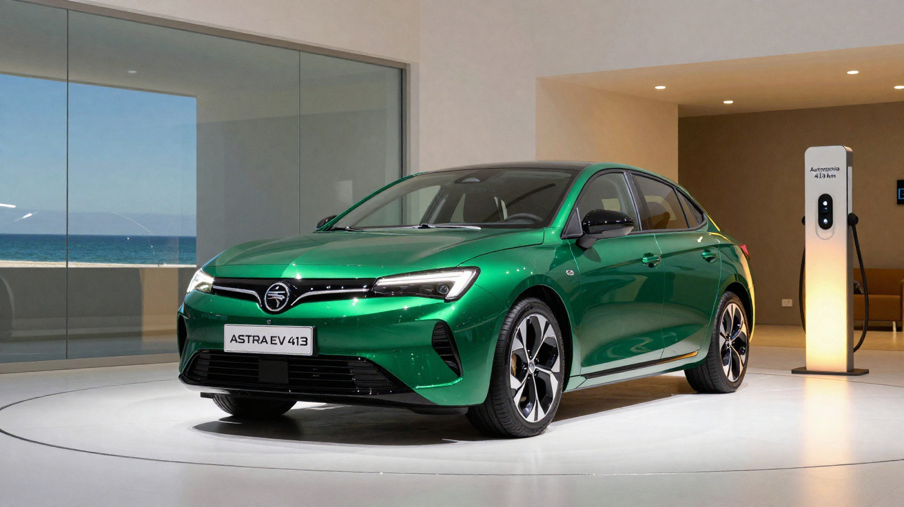Carro elétrico verde Opel Astra EV 413 estacionado em ambiente interno moderno próximo a carregador.