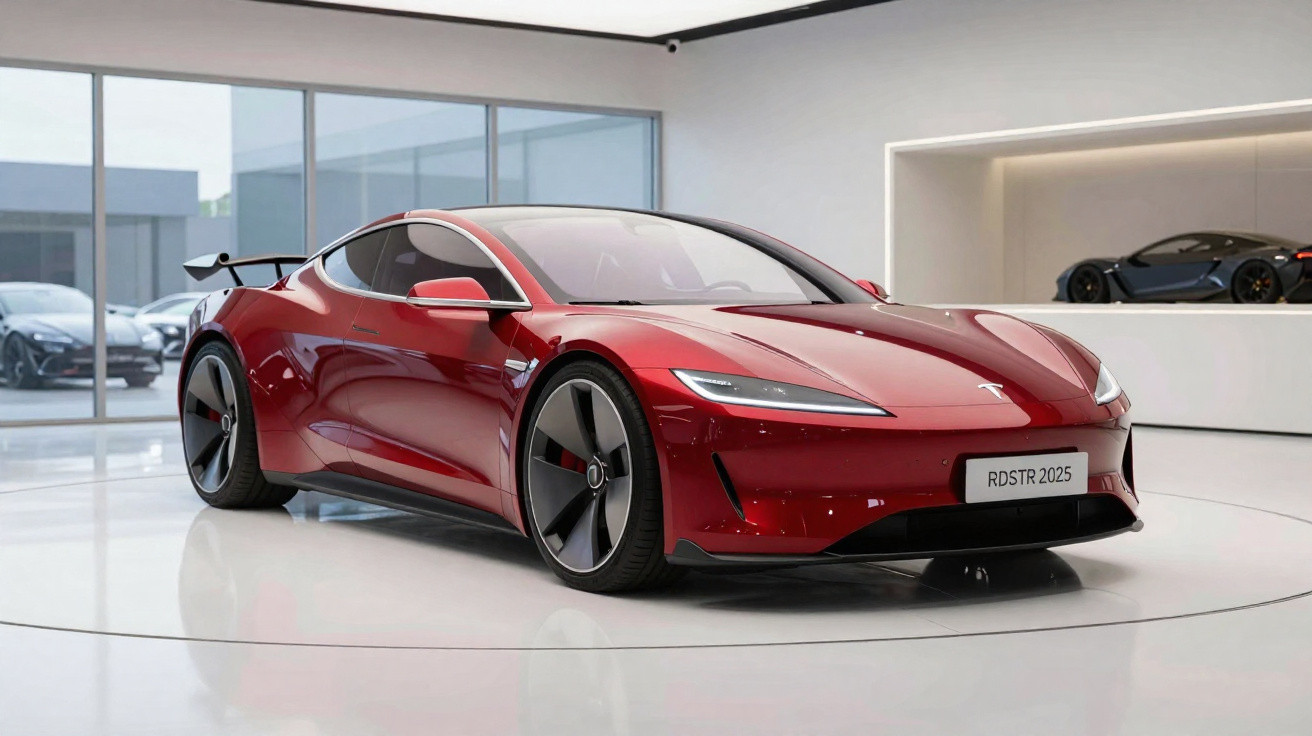 Carro esportivo elétrico vermelho Tesla RDSTR 2025 em showroom moderno com vitrines e outro carro ao fundo.
