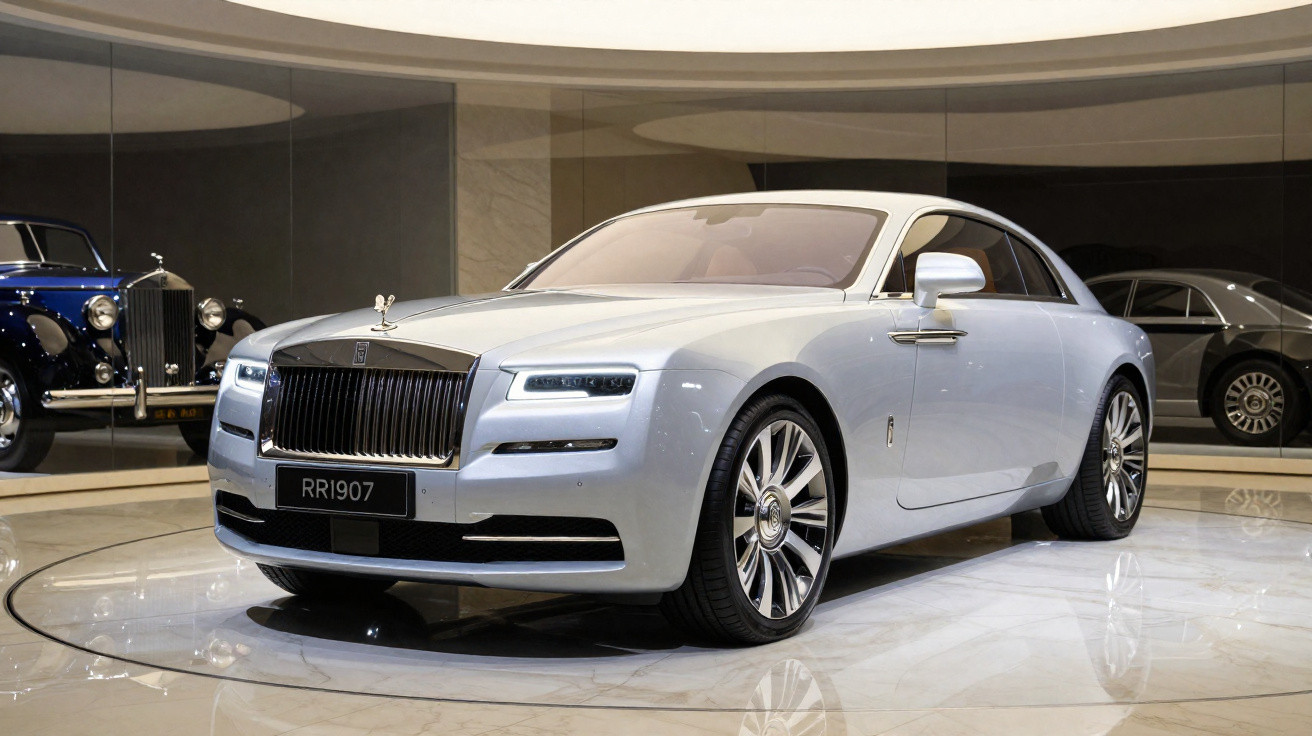 Carro de luxo prata Rolls-Royce exibido em showroom com piso brilhante e outros carros ao fundo.